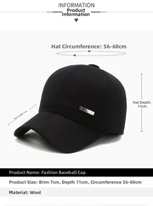 Detailed dimensions of a black wool baseball cap with a 7cm brim and adjustable strap