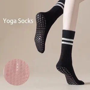 Non-slip yoga socks for women with silicone grips and white stripes in black color