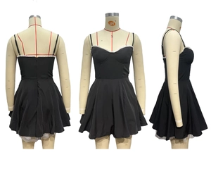 Three-way view of backless mini dress with lace trim and pleated flared skirt