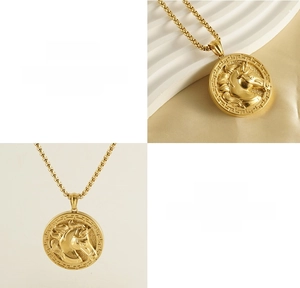 Detailed 3D horse head relief pendant on 18k gold plated steel chain with Greek key pattern