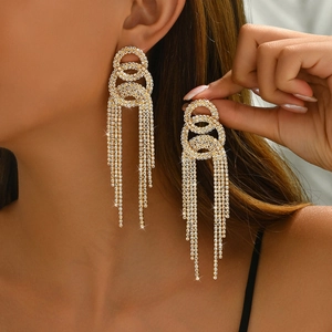 Elegant gold-tone long tassel drop earrings with sparkling white rhinestones for women