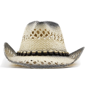 Detail of hand-woven straw cowboy hat with vintage distressed finish and wooden beads