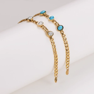 Gold stainless steel flat chain bracelets with oval turquoise and white marble stones