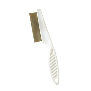 Fine-tooth stainless steel pet grooming comb with white ergonomic handle for flea removal