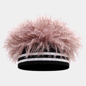 Detail of pink curly faux fur wig hat with black and white striped elastic headband
