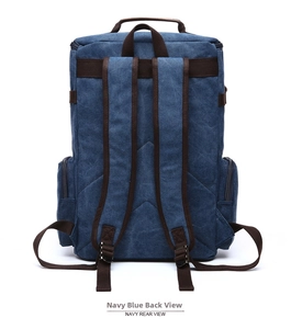 Rear view of navy blue canvas backpack showing adjustable straps and side zipper pockets