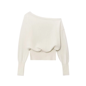 Off-shoulder cream knit sweater with long lantern sleeves and a ribbed waist hemline