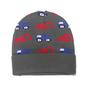 Winter gray knit beanie for boys with blue truck and red excavator cartoon patterns