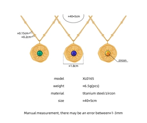Detailed spec sheet showing titanium steel sun coin necklace sizes and zircon colors