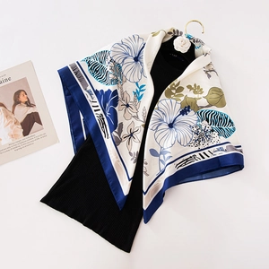 Elegant 90cm silk-satin scarf with blue floral and zebra prints on a white base