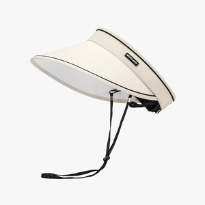 Women's stylish cream-white sun visor hat with large brim and adjustable chin strap