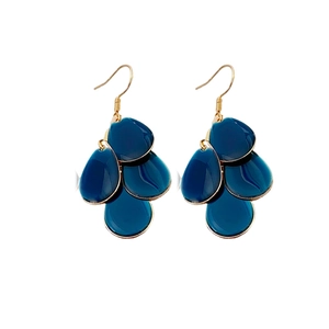 Deep blue layered teardrop tassel earrings with gold hooks on a white background
