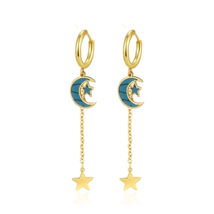Orecchini a nappa in oro 18K con ciondoli a luna in smalto blu e stelle dorate