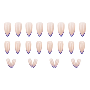 French tip press-on nails set with 24 deep blue V-shape almond nails in nude pink finish