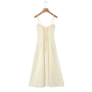 Detail view of a floral summer dress featuring an intricate cross strap back design