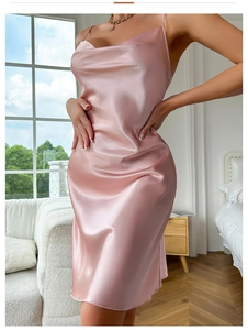 Detail of cowl neck design on pink satin sleepwear dress with adjustable thin straps