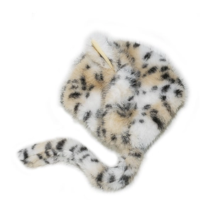 Close-up of leopard print faux fur winter hat with long tail and wooden pin detail