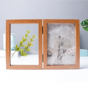 Folding wood grain double photo frame with vintage world map and botanical insert decor