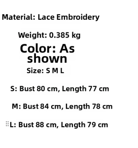 Detailed size chart for lace V-neck dress showing chest and length measurements in centimeters