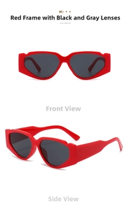 Detailed front and side views of red oversized cat-eye sunglasses with dark grey lenses