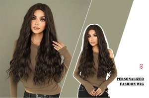 Detailed close-up of a long body wave black synthetic wig with natural middle part style