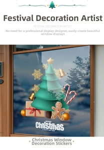 Detailed Christmas window decals with gingerbread man and festive tree on shop glass