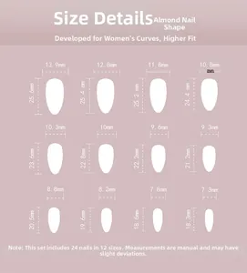 Size chart showing width and length for 12 almond shaped press-on nail dimensions