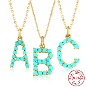925 Sterling Silver Initial Letter Necklace Gold Plated With Turquoise Pendant Elegant Alphabet Jewelry For Women