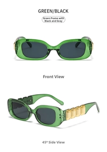 Detail view of transparent green sunglasses with metallic gold accents on the temples