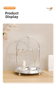 Silver metal jewelry stand with arched rack and round storage tray for necklaces