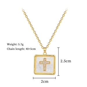 Detailed view of gold square cross pendant necklace with weight and size specifications