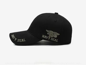 Close-up of Navy SEAL logo embroidery on side of black tactical baseball cap