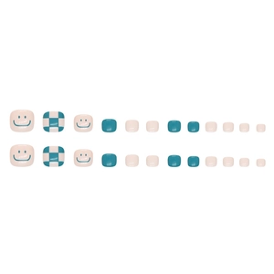 Lake green checkerboard and pink press-on toenails with cute smile faces set