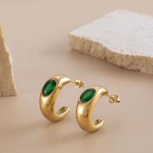 Chic gold C-shape stainless steel earrings featuring oval green zircon gemstone accents