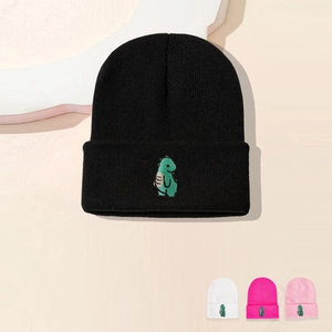 Strickmütze Beanie Acryl Warm Herbst Winter Umschlag Gerippt Süße Dinosaurier Stickerei Trendig Damen
