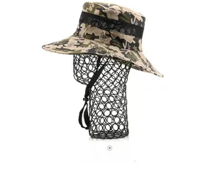 Side view of camouflage sun hat featuring breathable black mesh and adjustable chin strap