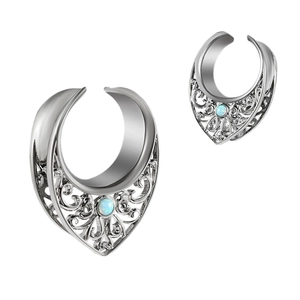 Hollow stainless steel ear gauges with opal inlay and vintage filigree engraving
