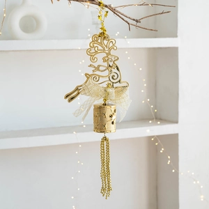 Ciondolo renna di Natale dorato da 50cm con campane e rete glitterata per decorazioni