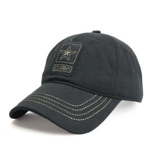 Detailed view of U.S. ARMY embroidery and stitched brim on camouflage baseball cap