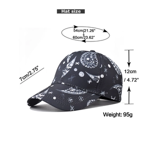Detailed dimension chart for paisley baseball cap showing adjustable size and weight