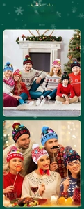Detail view of knitted Christmas hat featuring festive patterns and glowing LED light bulbs