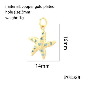 Detail view of 18K gold plated starfish pendant with blue zircon and exact dimensions