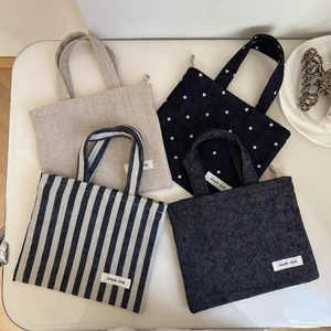 Mini Handbag Cotton Linen Denim Canvas Tote Small Portable Polka Dot Striped Vintage Casual Zipper Bag Women