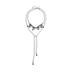 Double-layer pearl necklace with gothic silver pendant and black teardrop charms