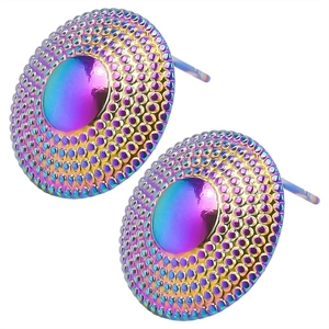 Close-up of iridescent rainbow 304 stainless steel stud earrings with textured dot edges