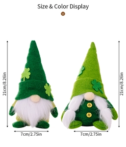 Size detail of St. Patrick's Day gnome dolls with green clovers and soft long beards