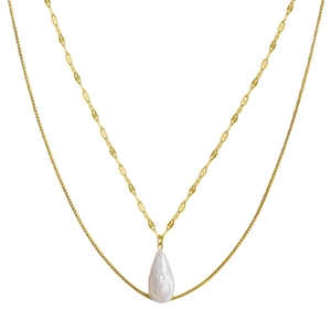 Double-layer s925 silver necklace with golden chain and white baroque drop pearl pendant