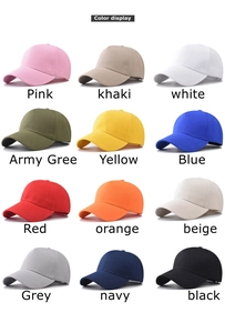 Macro display of 12 solid color baseball caps featuring a 5-panel curved brim design