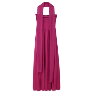 Magenta chiffon sleeveless floor-length gown with a matching long scarf and drape detail