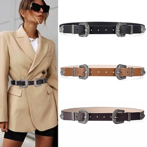 Women's vintage double buckle leather belt with ornate western style floral metal carvings